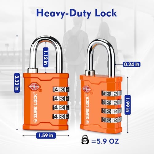 SURE LOCK TSA Accepted 4 Dig Heavy Duty Big Combination Luggage Padlock All Metal Travel Lock for Equipment Hard Case Luggage Gun Case Gym Locker Pelican Vault Lock (1, Orange) - Image 4