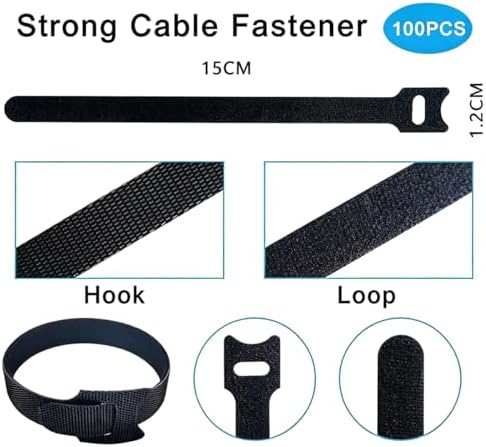 100pcs Reusable Cable Ties - Hook and Loop Cable Straps for Wire Management - 6 Inch Adjustable Cord Organizer & Wire Ties for Electronics, PC, Home Office & Garden - Black Fastening Wraps - Image 2