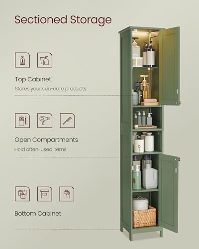 VASAGLE Tall Storage Cabinet with Lights, Slim, 15.7" W, Forest Green - Image 5