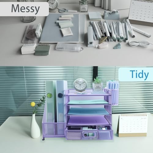 Desk Organiser with 2 Pack Magazine File Holder, 5-Tier Paper Tray Organiser with Drawer and 2 Pen Holder, Letter Tray Multifunctional for Office, School, Home - Purple - Image 5