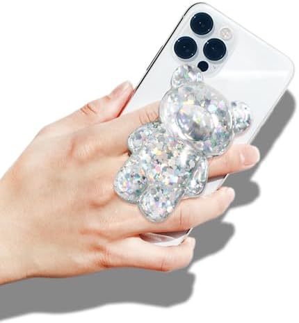 On The Grip Magnetic 3D Gummy Bear Style Expandable Collapsible Mobile Phone Grip Stand Holder for Smartphone Tablet Cell Phone Accessory (Silver Glitter) - Image 2
