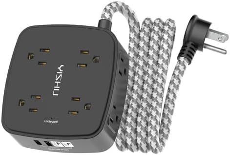Surge Protector Power Strip - YISHU 8 Outlets with 4 USB (2 USB C) Charging Ports, 6Ft Braided Extension Cord, Flat Plug Multi Plug Outlet Extender Charging Station for Home Office, ETL, Black by YISHU