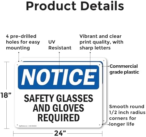 (2 Pack) Safety Glasses And Gloves Required OSHA Notice Sign 24 Inch X 18 Inch Plastic Sign, Weather Resistant, UV Protected for Workplace, Business, and Construction Site, Made in the USA - Image 2