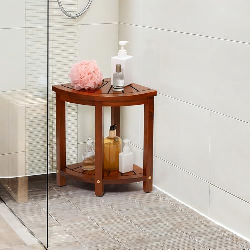 Axeman Space-Saving Teak Shower Stool with Storage Shelf - 12" Corner Shower Bench for Small Spaces - Waterproof 2-Tier Design for Shaving, Bathing & More (350lb Capacity) - Image 6