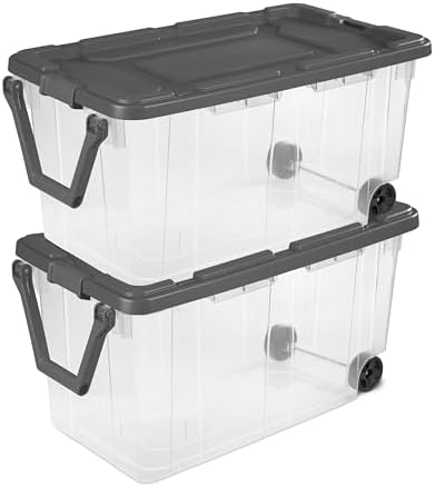 160-Quart Wheeled Stackable Storage Bin,Heavy-Duty Clear Plastic Container for Household & Garage Bulk Storage,Perfect for Outdoor Camping and Seasonal Organization, Gray 2-Pack by Unknown