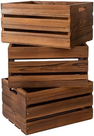 Set of 3 Rustic Wooden Crates with Handles, Dark Brown Wood Storage Crates by Unknown