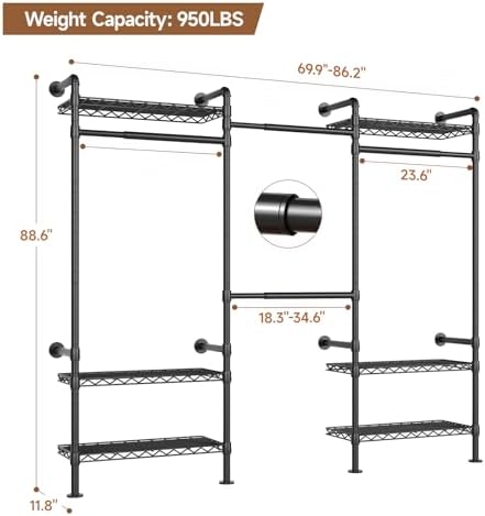3-Bay Industrial Pipe Closet System, Wall Mounted Garment Racks, Black - Image 6