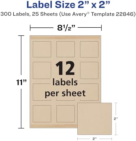 Avery Kraft Brown Square Labels with Sure Feed Technology, 2" x 2", Print to the Edge, Laser/Inkjet Printable Labels, 300 Total (22846) - Image 5