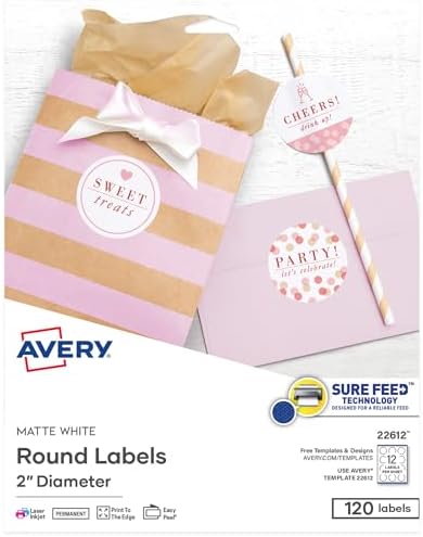 Avery Round Labels, 2" Diameter, Sure Feed Technology, Print-to-the-Edge, Easy Peel, Laser/Inkjet, Permanent, 120 Blank Circle Labels Total (22612) by Avery
