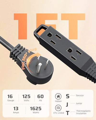 DEWENWILS 360° Rotating Flat Plug Extension Cord, 1FT 16/3C, ETL Listed - Image 7
