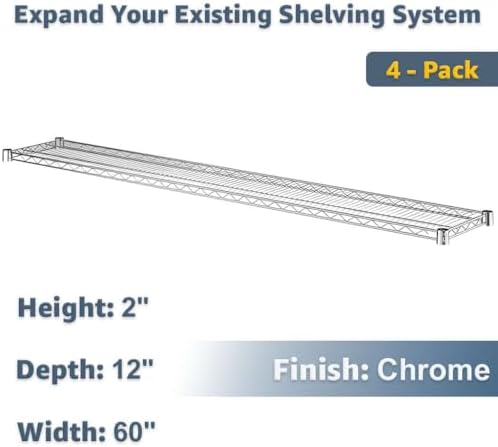 Industrial 12x60 Wire Shelf 4-Pack Chrome, NSF Metal Shelving Add-On for Warehouse Rack - Image 2
