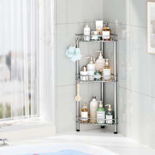 SWTYMIKI Standing Shower Caddy Corner - 3‑Tier Stainless Steel Shower Organizer Shelf with 12 Hooks and Adhesive Pads, Rustproof Corner Shelves Stand Rack for Bathroom Shower Room, Silver - Image 5
