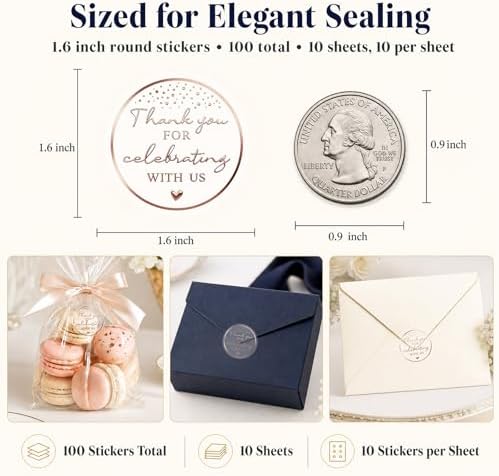 100PCS Thank You for Celebrating with Us Stickers, Clear Rose Gold Foil Wedding Favor Labels for Bridal Shower, Baby Shower, Engagement Party, Gift Bags & Invitations 1.6 Inch - Image 3