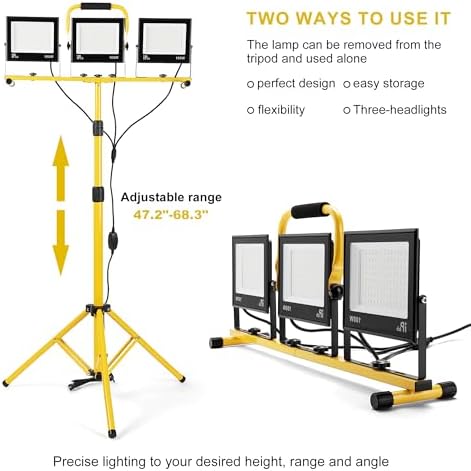 30000 Lumen Work Lights with Stand, 3 Adjustable Head LED Work Light, with Adjustable and Foldable Tripod Stand, Waterproof Lamp with 6500 Kelvin Color Temperature - Image 2