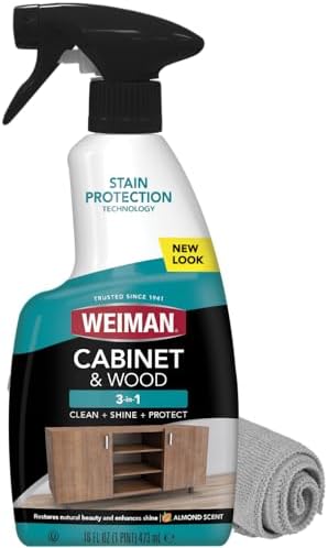 Weiman Cabinet & Wood Clean & Shine Spray - Furniture, Kitchen Cabinets, Baseboard & Trim, Fresh Almond Scent, Microfiber Cloth Included by Weiman
