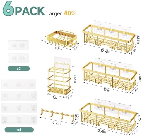 Veken Shower Caddy 6-Pack with Hooks, Bathroom Organizers & Storage, Gold - Image 6