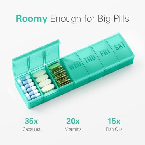 Barhon Pill Organizer Large, Weekly Pills Organizer Pill Box, Medicine Pill Organizer Travel, 7 Day Pill Case for Big Vitamins Supplements Fish Oil, Green - Image 2
