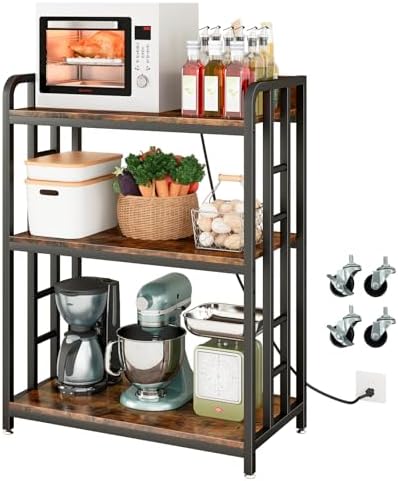 Baker's Rack with Power Outlet, 3-Tier Adjustable Microwave Cart, Brown by METYERRY