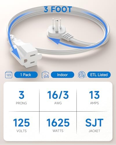 Flat Plug 3Ft Short Extension Cord, White 90-Degree Plug Low Profile Power Adapter, 3-Prong Indoor Grounded Small Extension Cord 16AWG 13A 1625W 1 Pack - Image 3