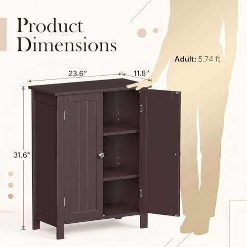SUPER DEAL Modern Bathroom Floor Storage Cabinet with Adjustable Shelf and Double Door Rust Proof, Living Room Modern Home Furniture Storage Organizer Cabinet, Brown - Image 3