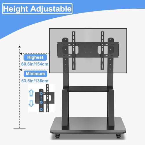 Hellsehen Mobile TV Stand,Rolling TVs Cart on Wheels Height Adjustable Heavy-Duty Floor Stand Base for 32-75 Inch LCD LED OLED Flat Panel Screens Smartboard Movable Holds up to 220lbs with Shelf - Image 6