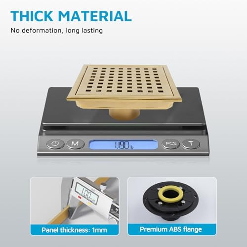 6" Square Shower Drain with Flange, Brushed Gold, Grate Removable - Image 5