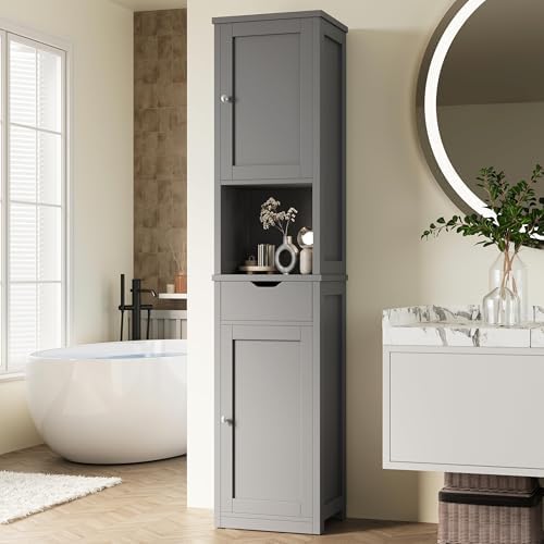 Shintenchi Tall Bathroom Storage Cabinet, Slim Corner Floor Cabinet with Doors and Drawer, Freestanding Narrow Bathroom Organizer with Adjustable Shelves for Small Space, Gray - Image 2