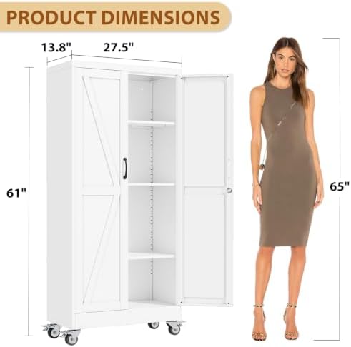 61" Metal Garage Storage Locker Cabinet with Wheels,Rolling White Farmhouse Kitchen Pantry Cabinet with 2 Doors and 3 Adjustable Shelves, Steel File Tool Cabinet for Home Office Warehouse - Image 3