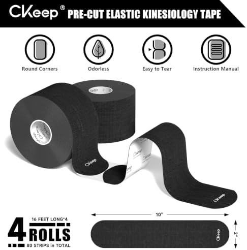 CKeep Kinesiology Tape, Elastic Precut Strips 4 Rolls, Black - Image 3