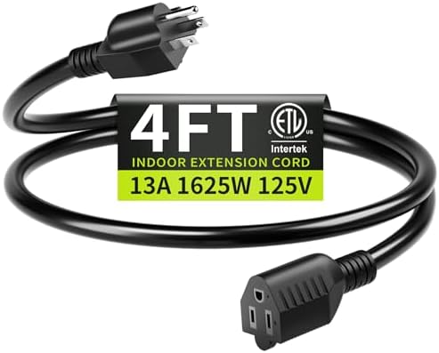 16/3 Black Extension Cord 4 FT Indoor, Short Extension Cord by Seeklyze