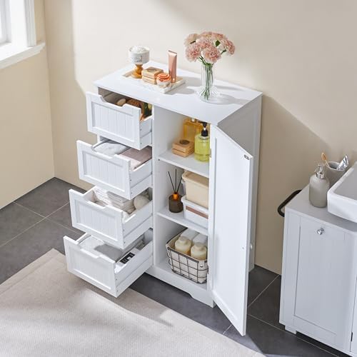 Yaheetech Bathroom Storage Cabinet with 4 Beadboard Drawers and Door, White - Image 4
