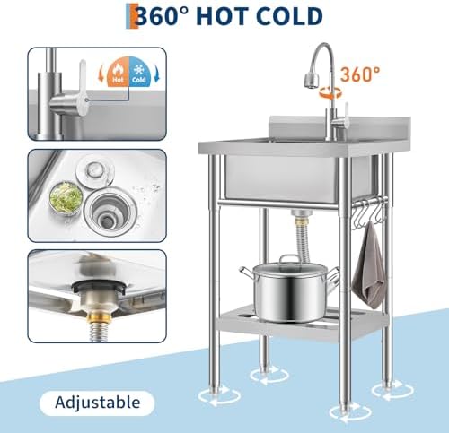 GarveeTech Commercial Stainless Steel Utility Sink with Faucet, Freestanding Laundry Sink with Adjustable Legs, Storage Shelf, Hooks, Backsplash, Hot & Cold Water for Kitchen, Garage, Outdoor, Farm - Image 5