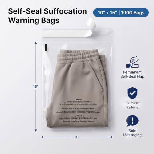 10" X 15" (1000 Count) Self Seal Clear Poly Bags with Suffocation Warning - Image 2