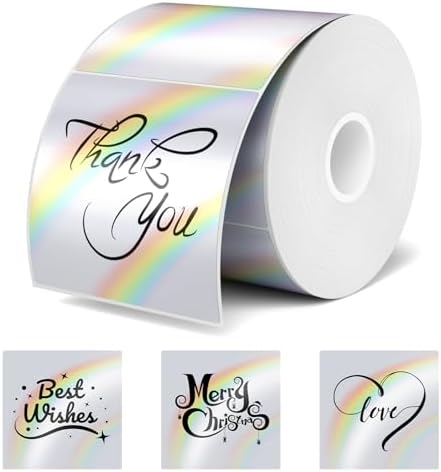 2 INCH Square Holographic Thermal Sticker Labels, with Rainbow Wave and Glitter Deign, Suitable for Tags, Custom DIY Logo Applications, Waterproof and Tear-Resistant, 200 Labels, Silver by FLYQGGO