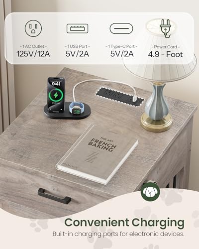 CHOEZON Dog Crate Furniture, Wooden Dog Kennel with Charging Station and Storage Drawer, Indoor Pet Crate End Table for Small Breeds, Dog Cage Furniture for Living Room, Bedroom, Greige MGW01UFH - Image 5