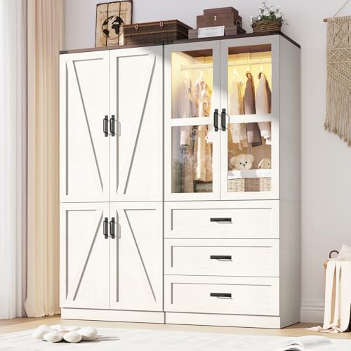 75" Tall Farmhouse 4 Doors Armoire Wardrobe Closet with 3 Drawers and LED,Freestanding Closet Wardrobe Cabinet for Bedroom with Hanging Rod,Wooden Armoire Storage Cabinet Adjustable(Rustic Off White) - Image 3