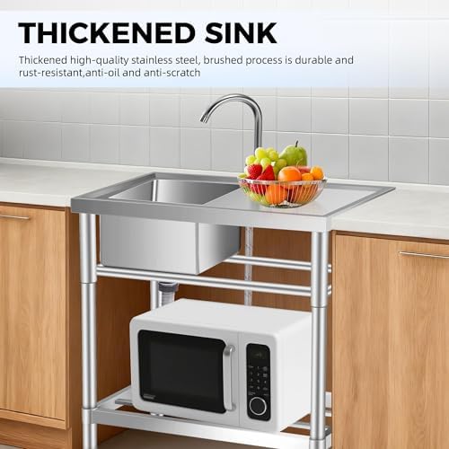 Stainless Steel Utility Sink with Faucet & Workbench, Commercial Freestanding Single Bowl Sink with Hot & Cold Water Pipes, Storage Shelf for Restaurant, Kitchen, Garage, Laundry, Outdoor (30in) - Image 6