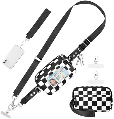 Tiostep Clip and Go Strap for Phone with Wallet Crossbody Phone Lanyard Adjustable and Detachable RFID Wristlet Wallet (Black White Checkered, Medium) by Tiostep