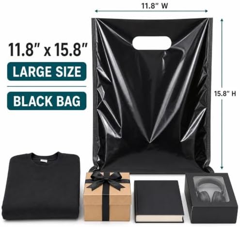 ysmile Plastic Merchandise Bag with Handle for Retail, Plastic Shopping Bag Die Cut for Small Business Extra Thick 11.8"x15.8" - Black - Image 2