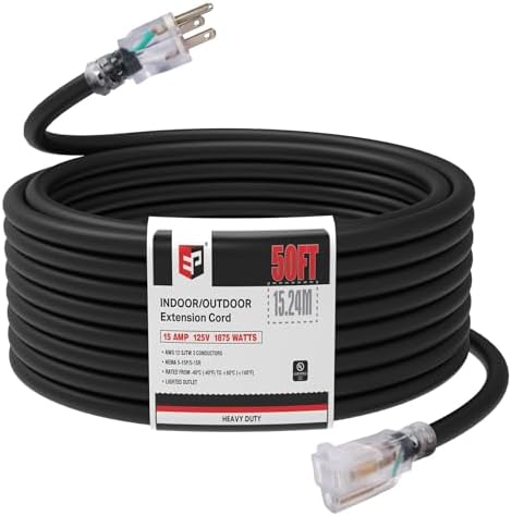 EP 50 Ft 12/3 SJTW Lighted Outdoor Extension Cord, Black by ENERGYPRO