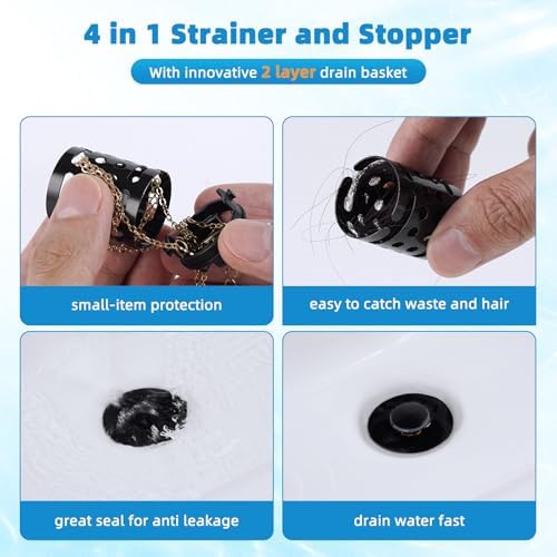 2PCS Universal Bathroom Sink Drain Strainer Hair Catcher, Matteblack - Image 2