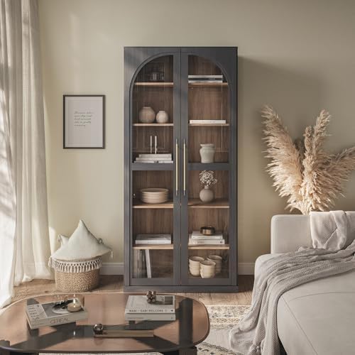 BELLEZE Modern Wood Wine Curio Cabinets with 4 Adjustable Shelves. 67" Storage Cabinet, 6 Shelf Glass Bookshelf Display Cabinet, Trophy Display Case for Living Room, Wine, Ebony - Image 3