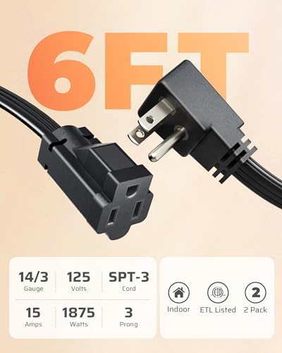 DEWENWILS 6FT Extension Cord, 3-Prong Flat Plug, 14/3, SPT-3, 2 Pack - Image 2