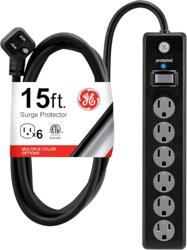 GE Surge Protector Power Strip, 15 Ft Extension Cord, 6 Outlet Extender, 800 Joules, Flat Plug, Twist-to-Close Safety Covers, ETL Listed, Black, 50767, (Pack of 8) by Unknown