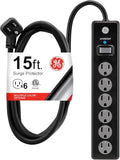 GE Surge Protector Power Strip, 15 Ft Extension Cord, 6 Outlet Extender, 800 Joules, Flat Plug, Twist-to-Close Safety Covers, ETL Listed, Black, 50767, (Pack of 8) by Unknown