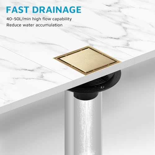 Square Shower Drain with Flange, 4 Inch, Brushed Gold, 2-in-1 Grate - Image 5