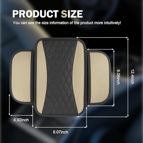 Car Center Console Cover, Upgraded Patchwork Leather Arm Rest Cover with Side Storage Pockets, Comfortable Auto Armrest Protector Cushion, Universal Middle Console Pad for SUV, Sedan (Beige) - Image 2