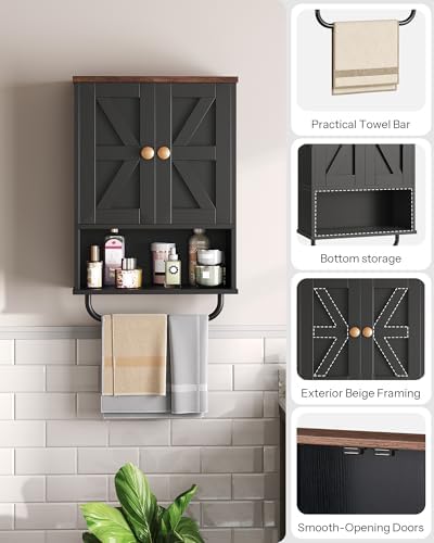 CHOEZON Bathroom Wall Cabinet, Medicine Cabinet with Open Partition and Towel Bar, Rustic Storage Cabinet with Open and Hidden Storage Space, for Bathroom, Living Room, Kitchen, Black and Walnut - Image 6