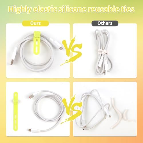 Oligei 25 Pcs Silicone Cable Ties, Cable Ties Reusable, High Elasticity Cord Wraps for Electrical Cords, Cord Organizer for Earphone, Phone Charger(Yellow) - Image 4