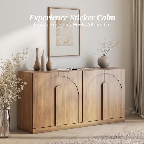 BELLEZE Set of 2 Modern Buffet Cabinets (63" Wide)-Large Sideboard Credenza with Arched Doors-Seamless Hidden Storage Console for Kitchen & Living Area-Camel - Image 4